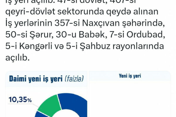 Naxçıvanda bu ilin 8 ayında 454 daimi yeni iş yeri açılıb