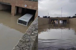 Bakıda sərnişin avtobusu suyun içində qaldı. Sərnişinlər kəndirlə xilas edildi – Video